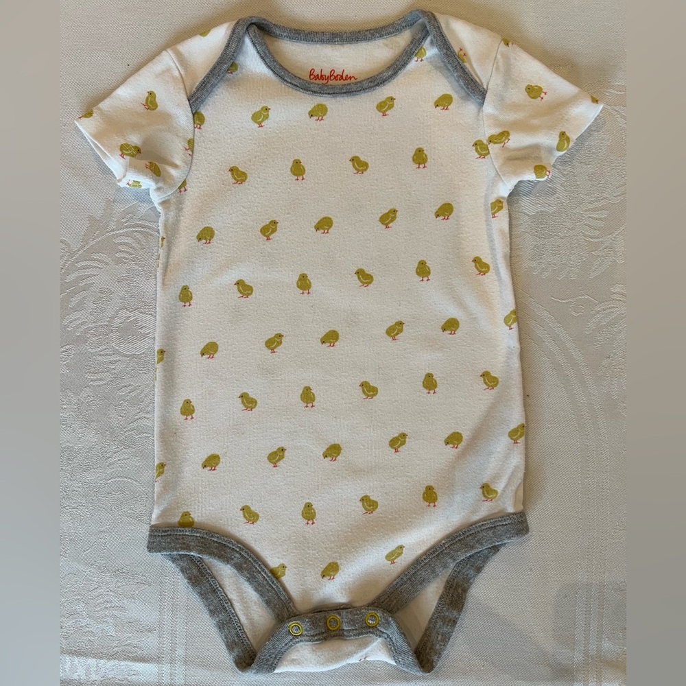 Baby Boden White One-Piece Bodysuit with Green Chick Pattern and Gray Trim